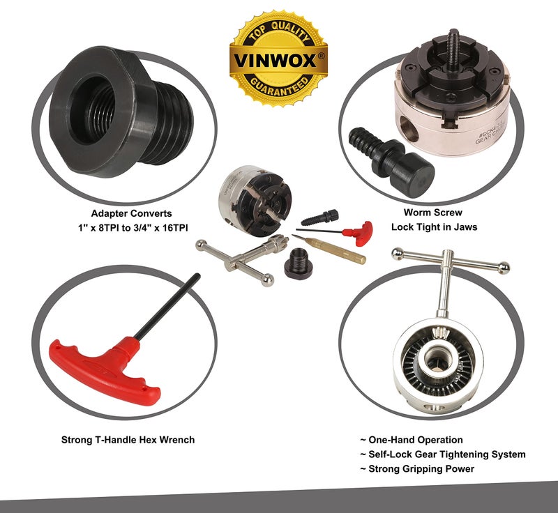 VINWOX 3-3/4INCH 4-Jaw Self-Centering Wood Lathe Chuck, 2" Round Jaw Mounted, 1"x8TPI thread & 3/4"x16TPI Adapter, Tightening Key, T Allen Wrench, Screw Chuck, SCK4-3.75, Nickle electric Coating Body - Image 2